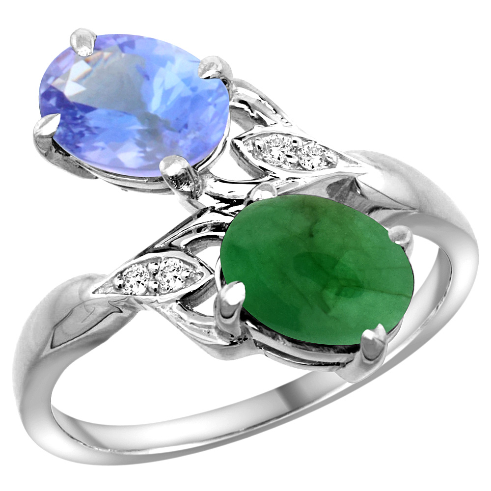 14K WHITE GOLD DIAMOND NATURAL TANZANITE & CABOCHON EMERALD 2-STONE RING OVAL 8X6MM, SIZES 5 - 10
