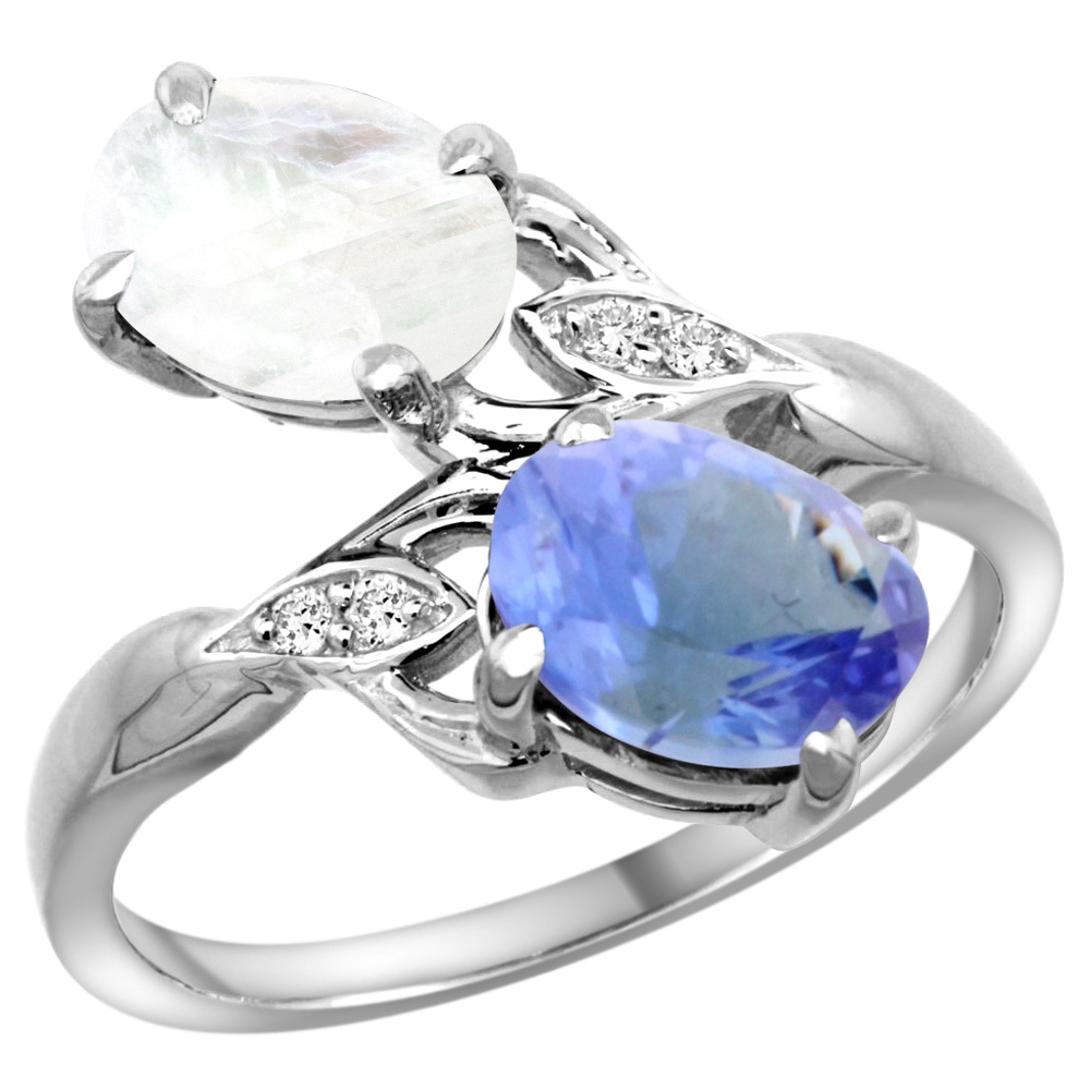 14K WHITE GOLD DIAMOND NATURAL TANZANITE & RAINBOW MOONSTONE 2-STONE RING OVAL 8X6MM, SIZES 5 - 10