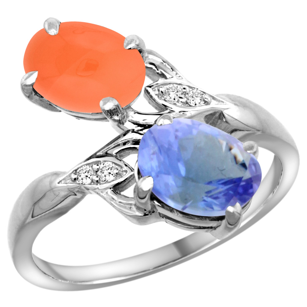 14K WHITE GOLD DIAMOND NATURAL TANZANITE & ORANGE MOONSTONE 2-STONE RING OVAL 8X6MM, SIZES 5 - 10