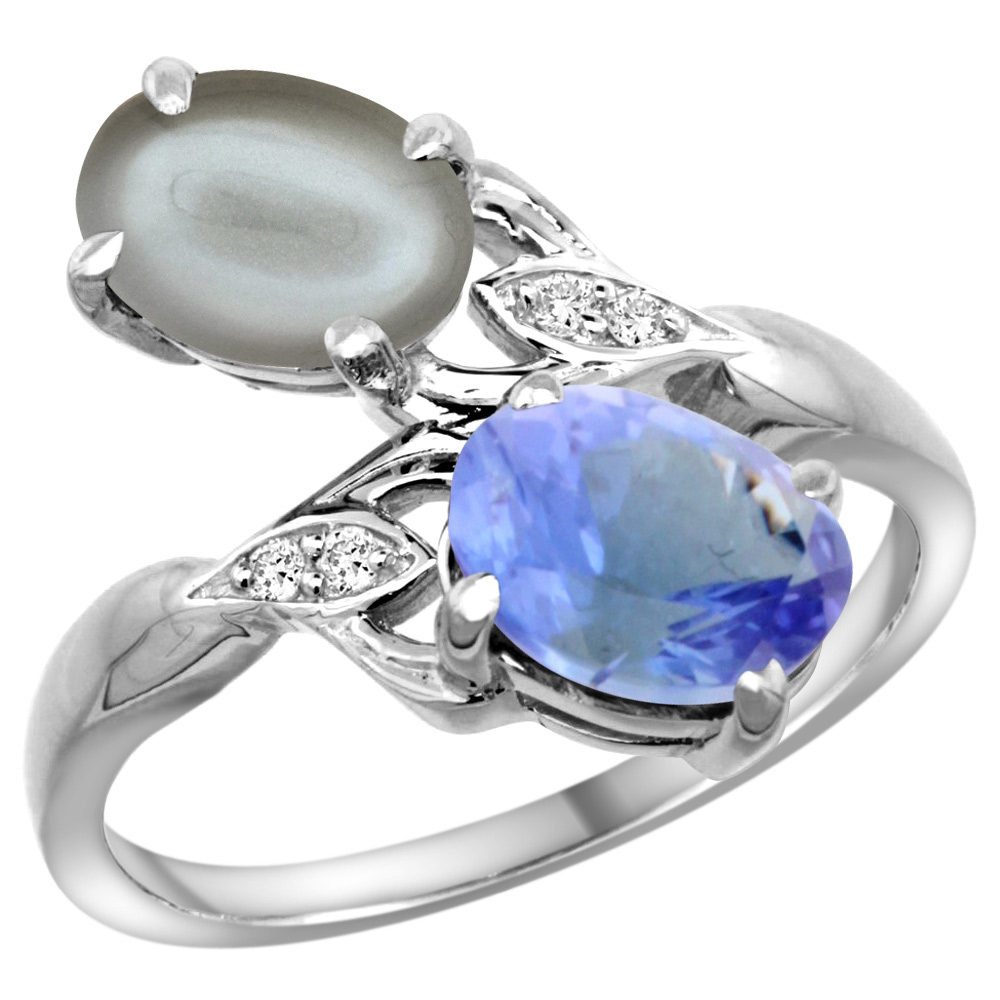 14K WHITE GOLD DIAMOND NATURAL TANZANITE & GRAY MOONSTONE 2-STONE RING OVAL 8X6MM, SIZES 5 - 10