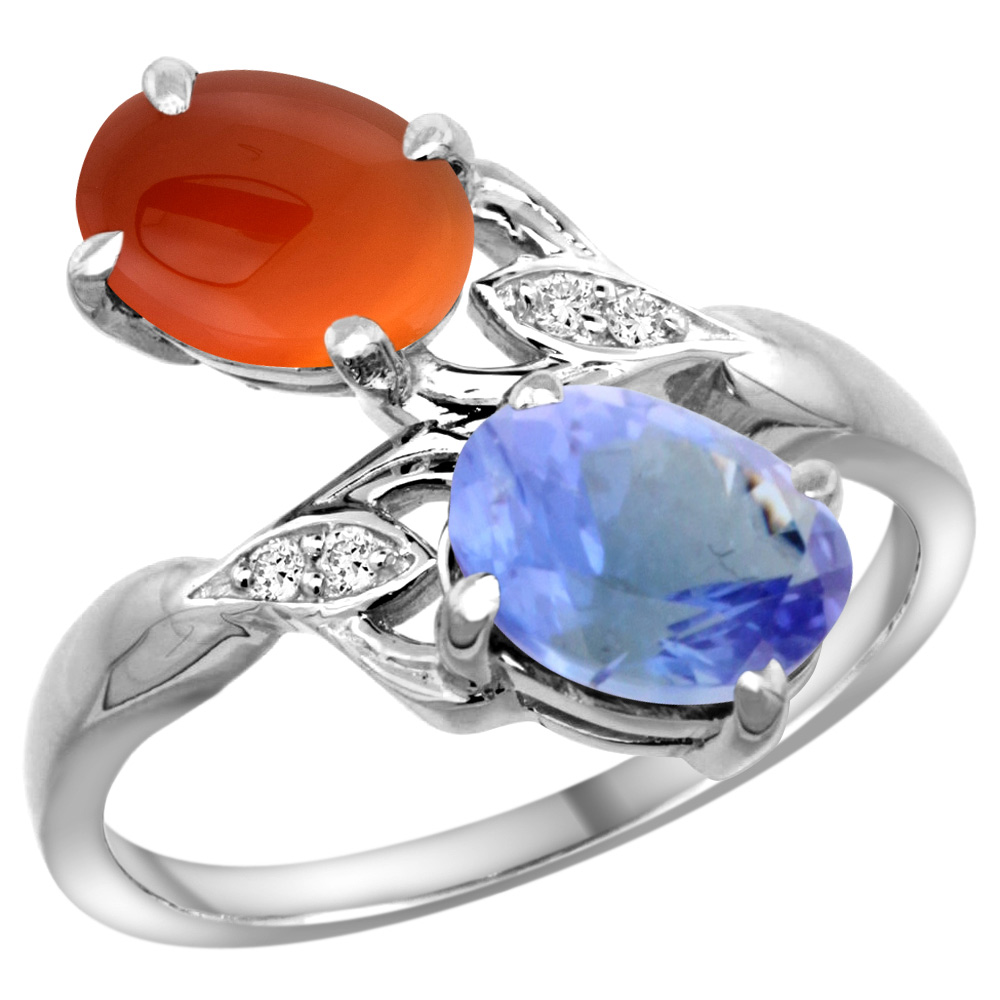 14K WHITE GOLD DIAMOND NATURAL TANZANITE & BROWN AGATE 2-STONE RING OVAL 8X6MM, SIZES 5 - 10