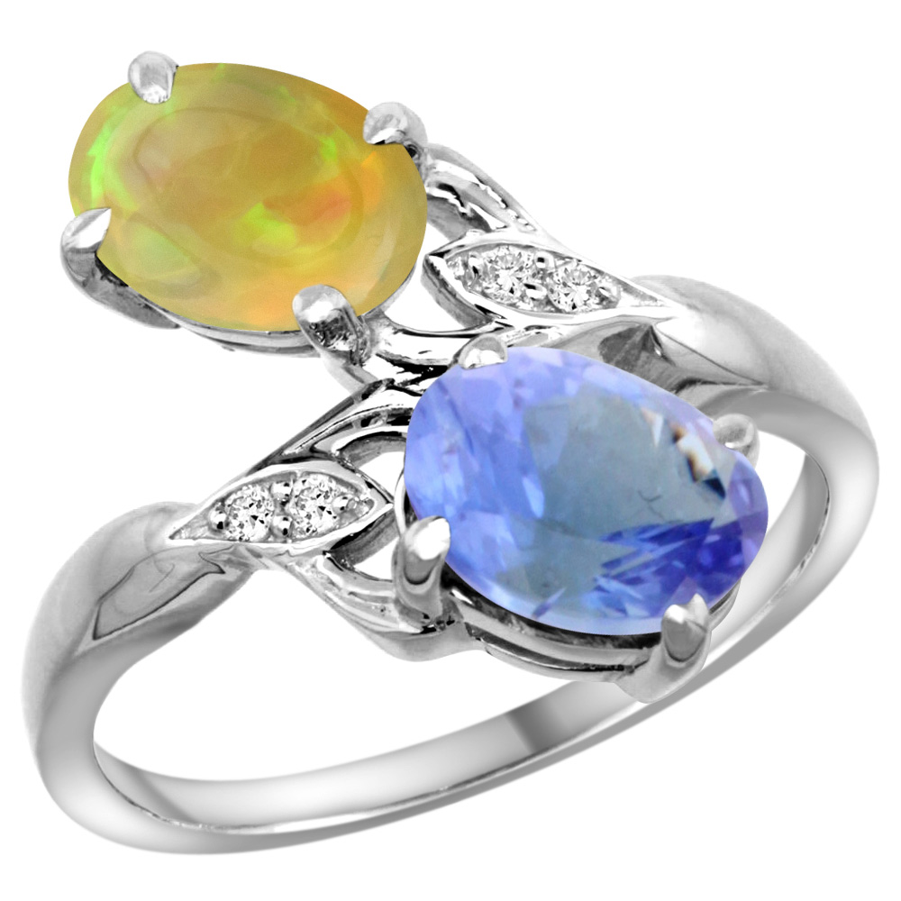 14K WHITE GOLD DIAMOND NATURAL TANZANITE & ETHIOPIAN OPAL 2-STONE MOTHERS RING OVAL 8X6MM, SIZE 5 - 10