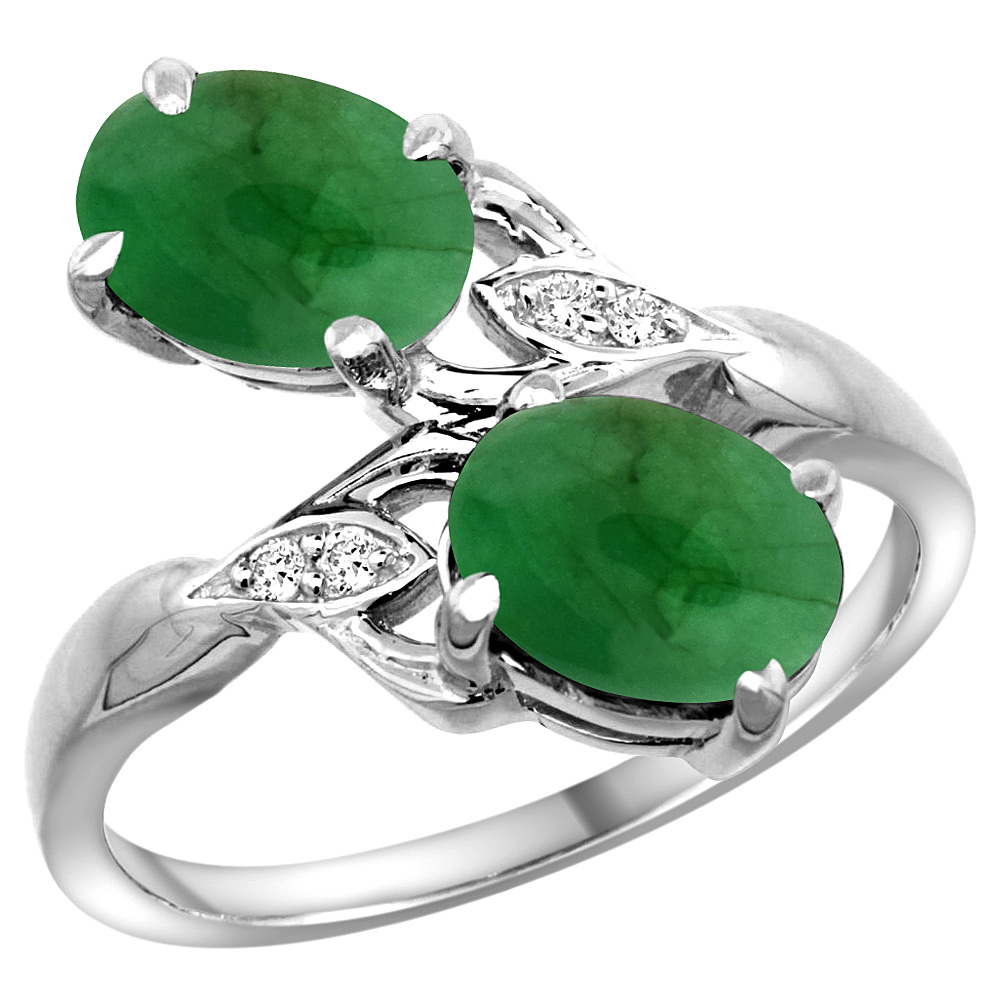 14K WHITE GOLD DIAMOND NATURAL CABOCHON EMERALD 2-STONE RING OVAL 8X6MM, SIZES 5 - 10