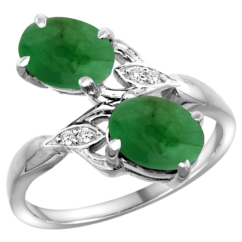 14k White Gold Diamond Natural Cabochon Emerald 2-stone Ring Oval 8x6mm, sizes 5 - 10