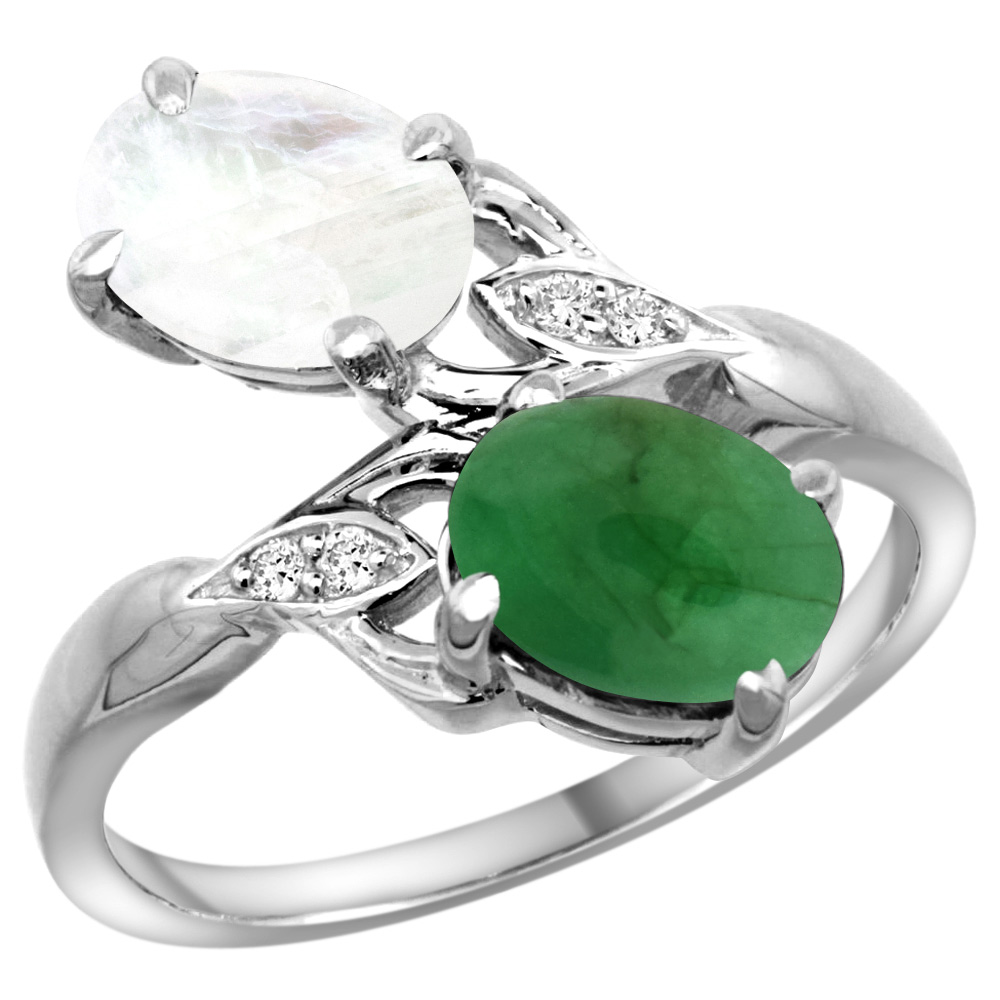 10K White Gold Diamond Natural Cabochon Emerald &amp; Rainbow Moonstone 2-stone Ring Oval 8x6mm, sizes 5 - 10