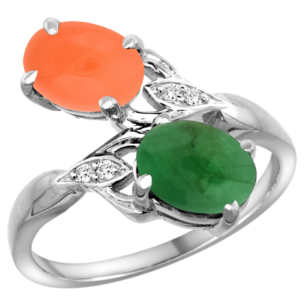 14K WHITE GOLD DIAMOND NATURAL CABOCHON EMERALD & ORANGE MOONSTONE 2-STONE RING OVAL 8X6MM, SIZES 5 - 10