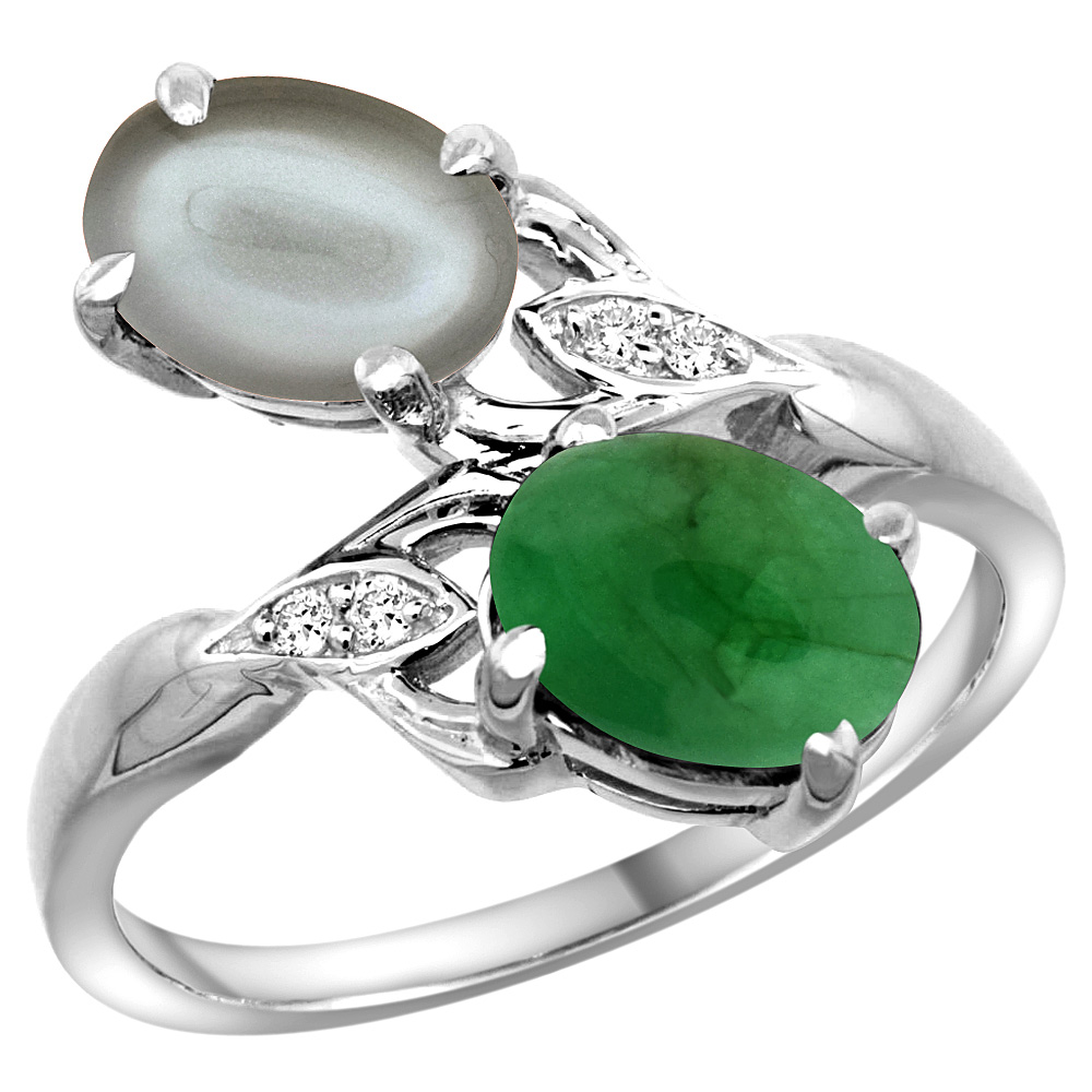 10K White Gold Diamond Natural Cabochon Emerald &amp; Gray Moonstone 2-stone Ring Oval 8x6mm, sizes 5 - 10
