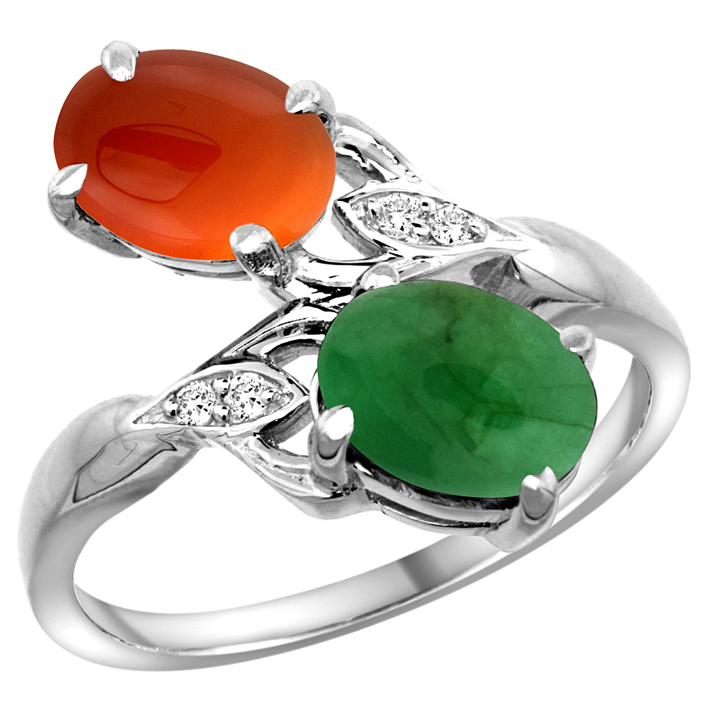 10K White Gold Diamond Natural Cabochon Emerald &amp; Brown Agate 2-stone Ring Oval 8x6mm, sizes 5 - 10