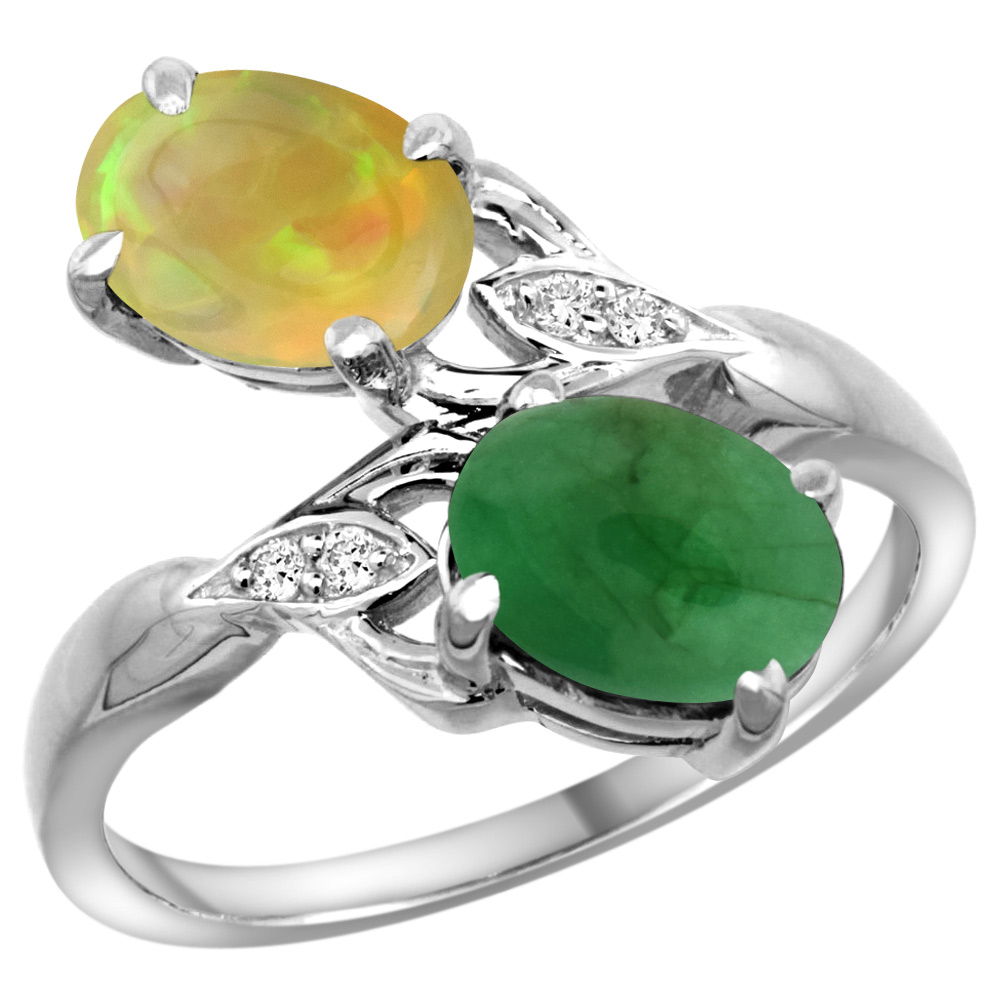 14k White Gold Diamond Natural Cabochon Emerald &amp; Ethiopian Opal 2-stone Mothers Ring Oval 8x6mm,sz5-10