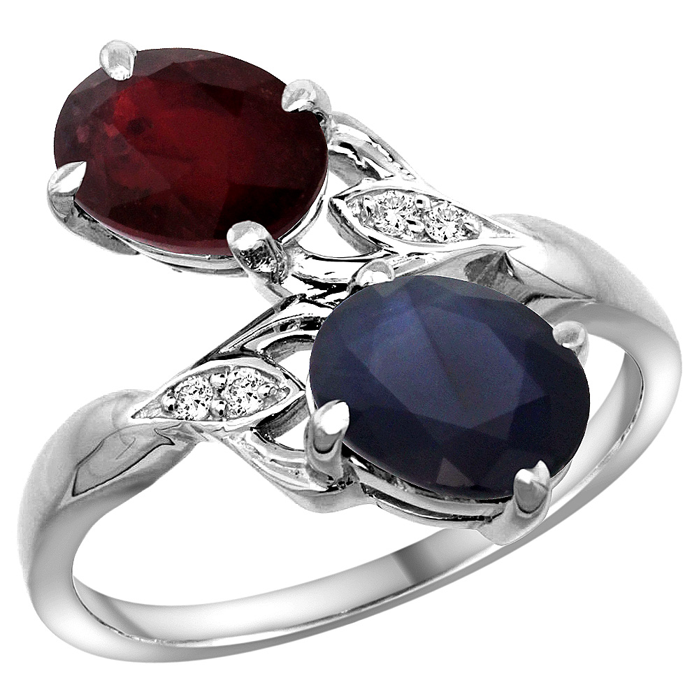 14k White Gold Diamond Natural Quality Ruby & Blue Sapphire 2-stone Mothers Ring Oval 8x6mm, size 5 - 10