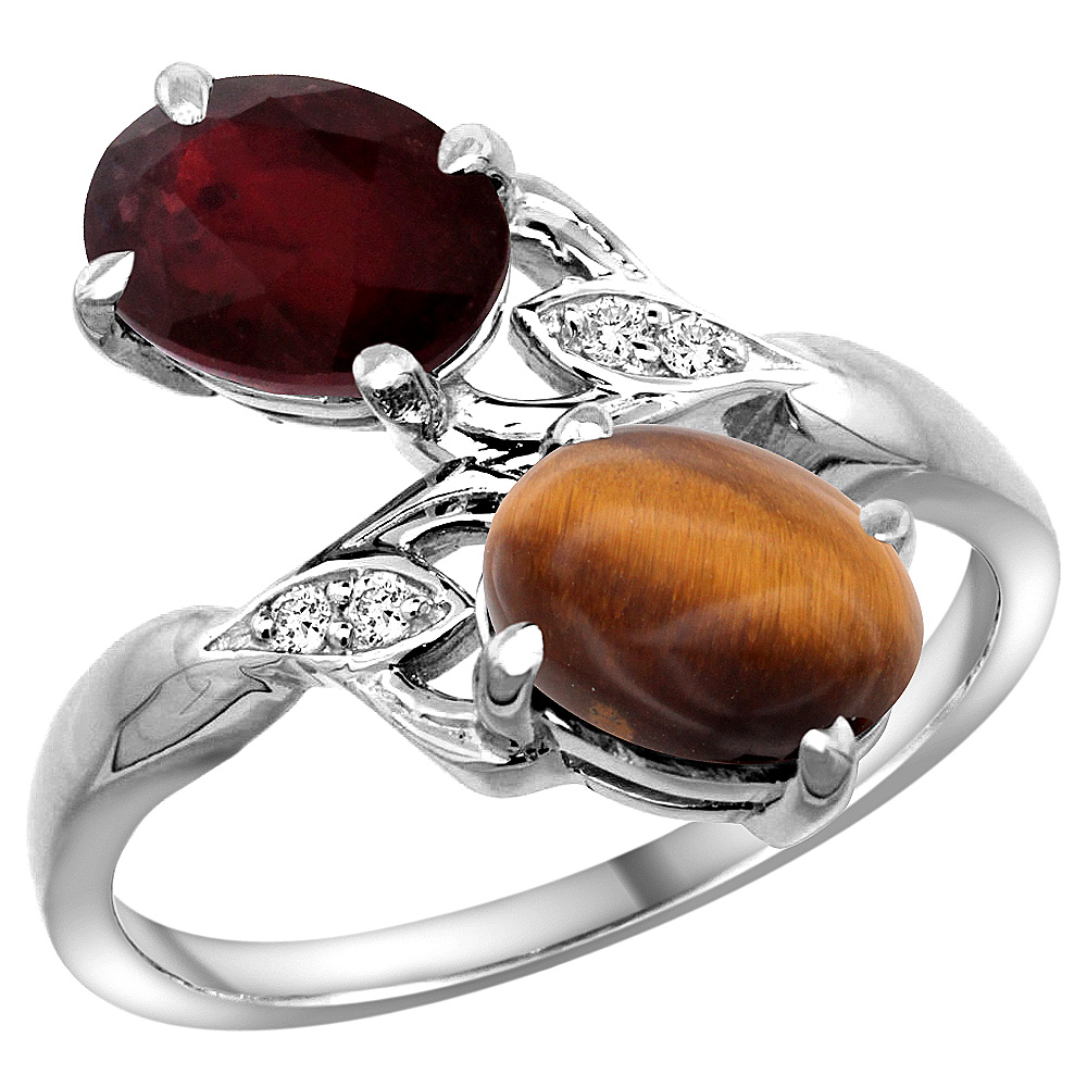 14K WHITE GOLD DIAMOND NATURAL QUALITY RUBY & TIGER EYE 2-STONE MOTHERS RING OVAL 8X6MM, SIZE 5 - 10