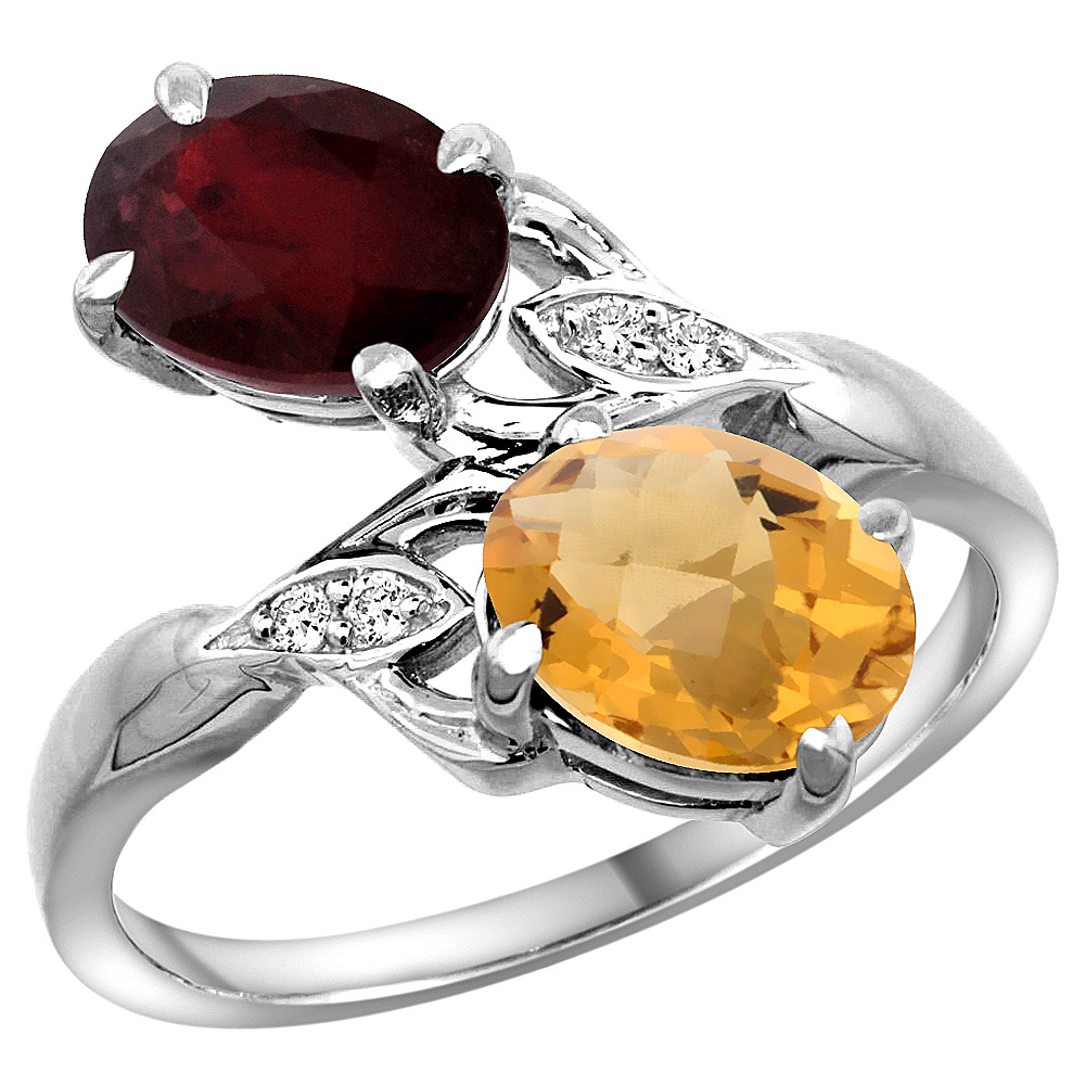 14k White Gold Diamond Natural Quality Ruby &amp; Whisky Quartz 2-stone Mothers Ring Oval 8x6mm, size 5 - 10