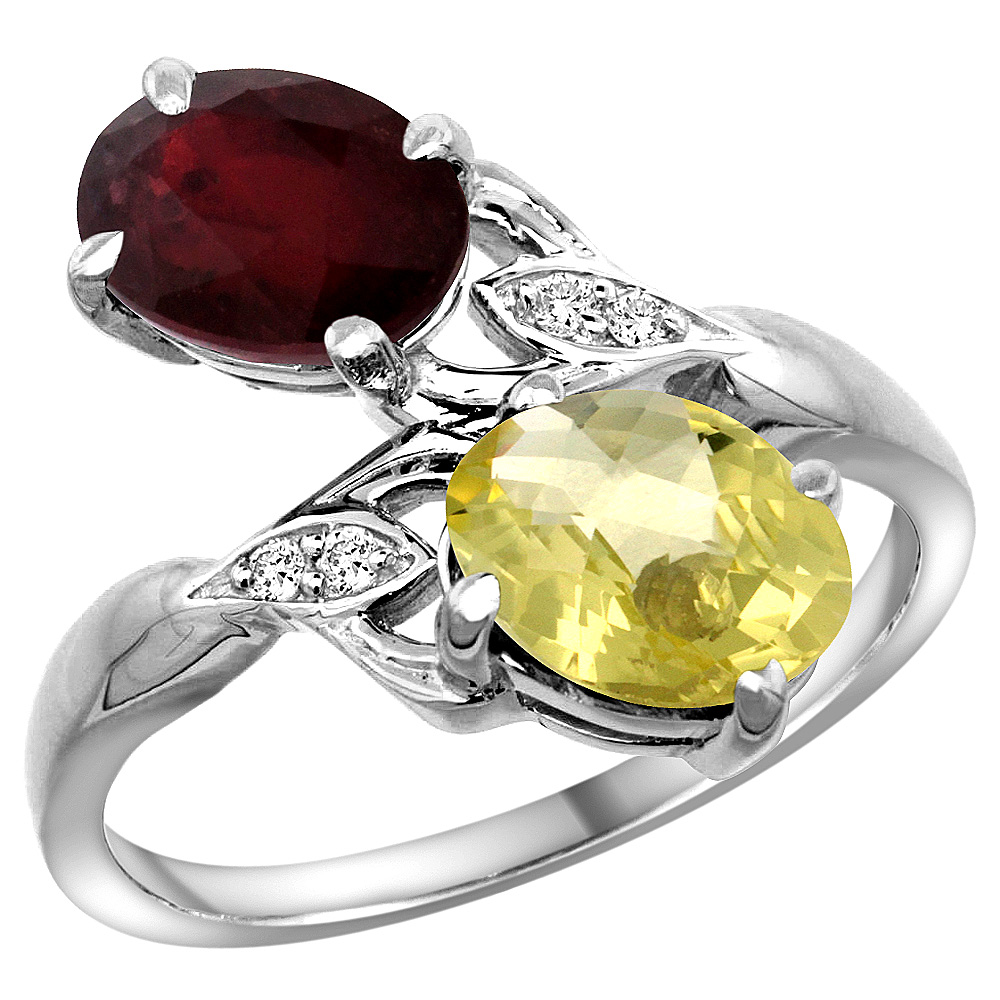 14K WHITE GOLD DIAMOND NATURAL QUALITY RUBY & LEMON QUARTZ 2-STONE MOTHERS RING OVAL 8X6MM, SIZE 5 - 10
