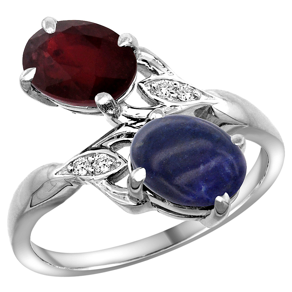 14K WHITE GOLD DIAMOND NATURAL QUALITY RUBY & LAPIS 2-STONE MOTHERS RING OVAL 8X6MM, SIZE 5 - 10