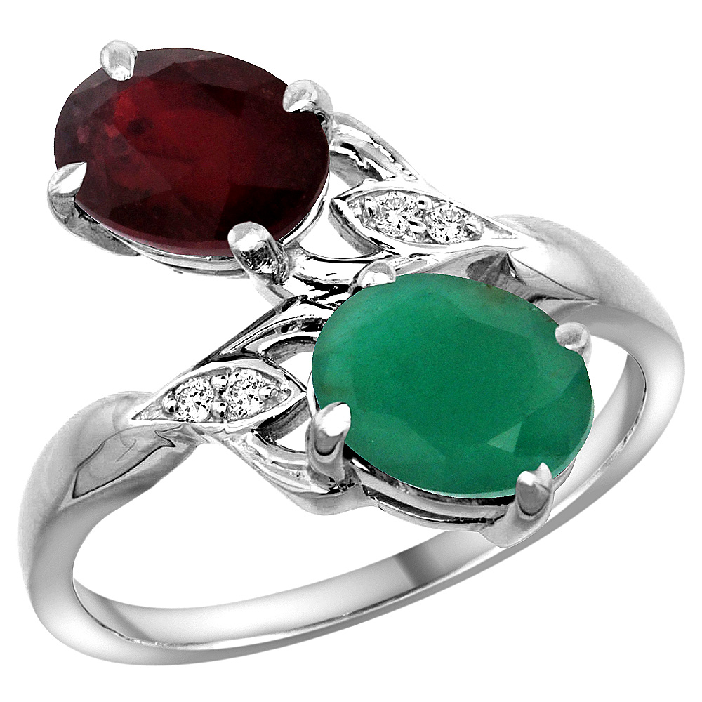 14K WHITE GOLD DIAMOND NATURAL QUALITY RUBY & QUALITY EMERALD 2-STONE MOTHERS RING OVAL 8X6MM, SIZE5 - 10