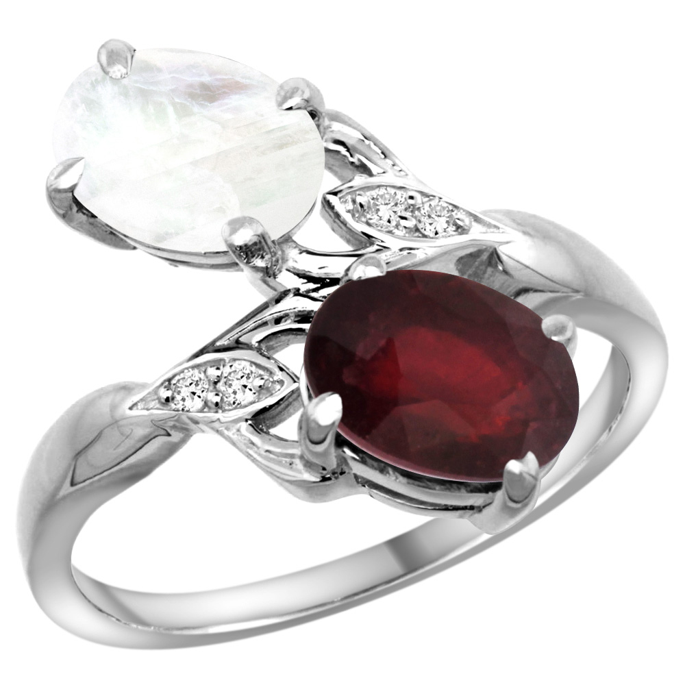 14K WHITE GOLD DIAMOND NATURAL QUALITY RUBY & RAINBOW MOONSTONE 2-STONE MOTHERS RING OVAL 8X6MM,SZ5 - 10