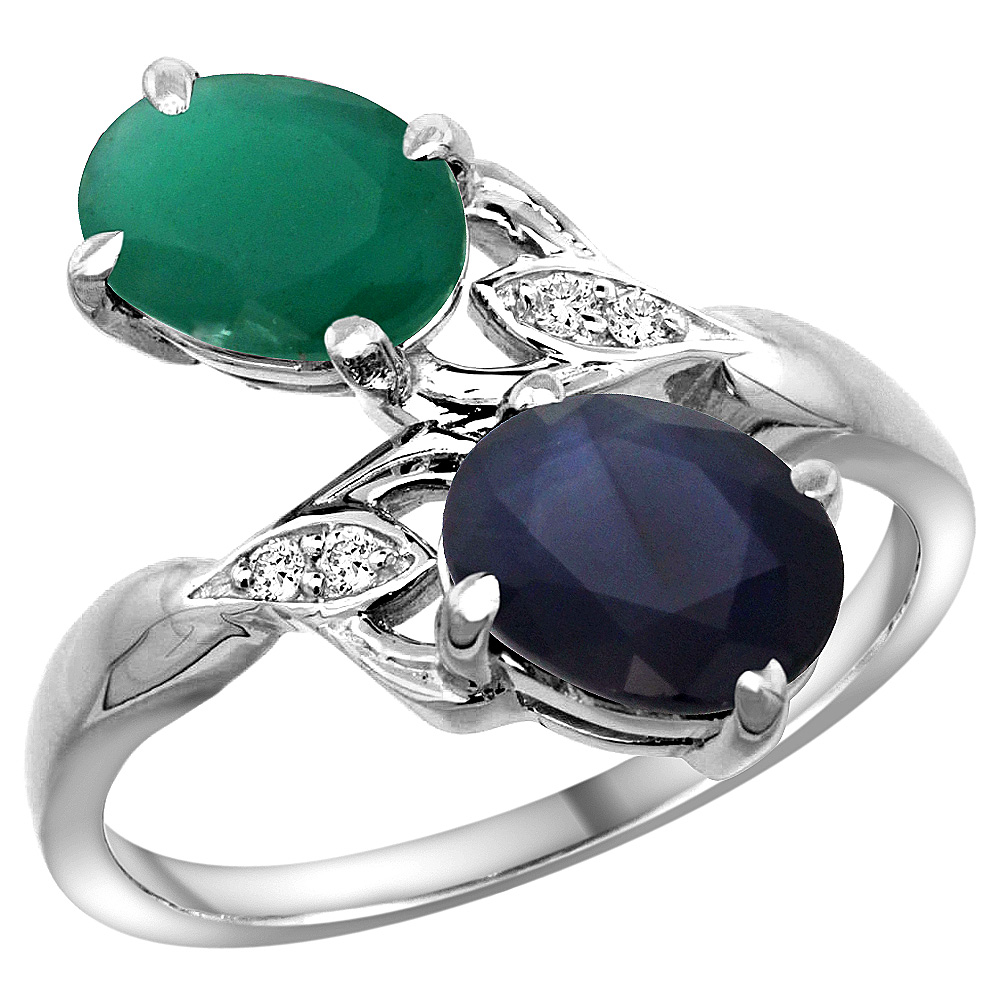 10K White Gold Diamond Natural Quality Emerald &amp; Blue Sapphire 2-stone Mothers Ring Oval 8x6mm, sz 5 - 10