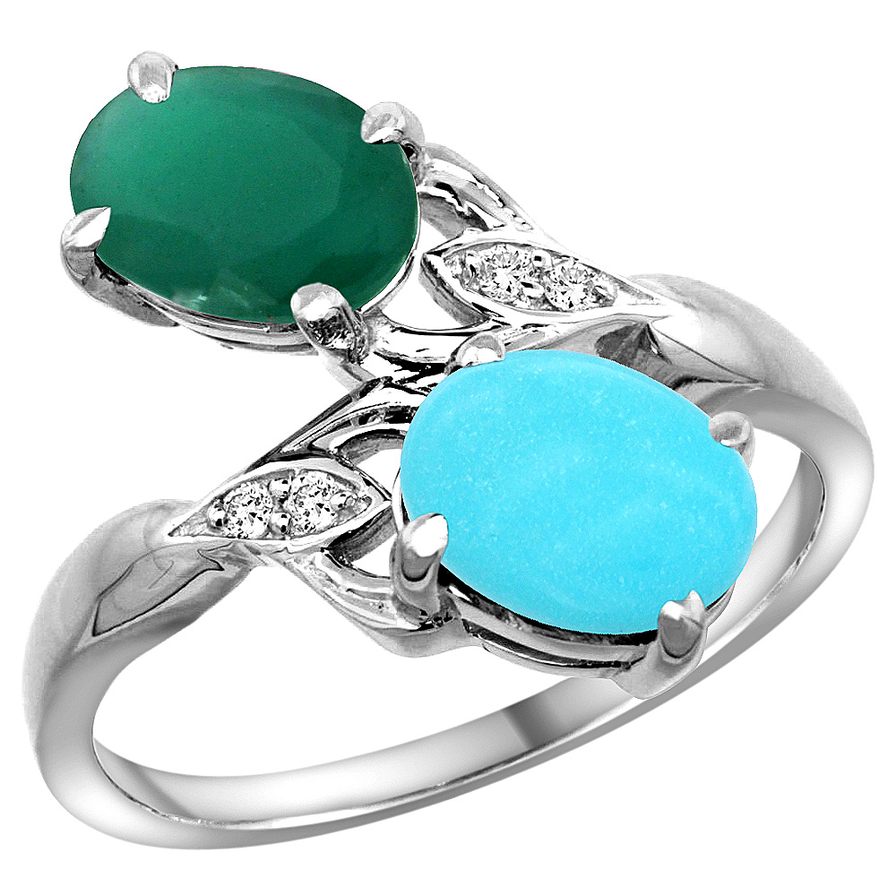 14k White Gold Diamond Natural Quality Emerald & Turquoise 2-stone Mothers Ring Oval 8x6mm, size 5 - 10