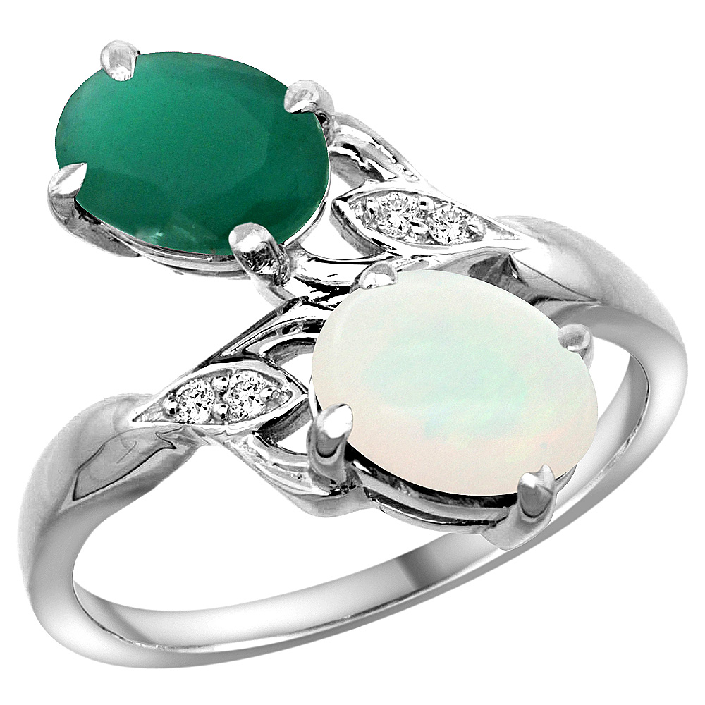 14k White Gold Diamond Natural Quality Emerald & Opal 2-stone Mothers Ring Oval 8x6mm, size 5 - 10