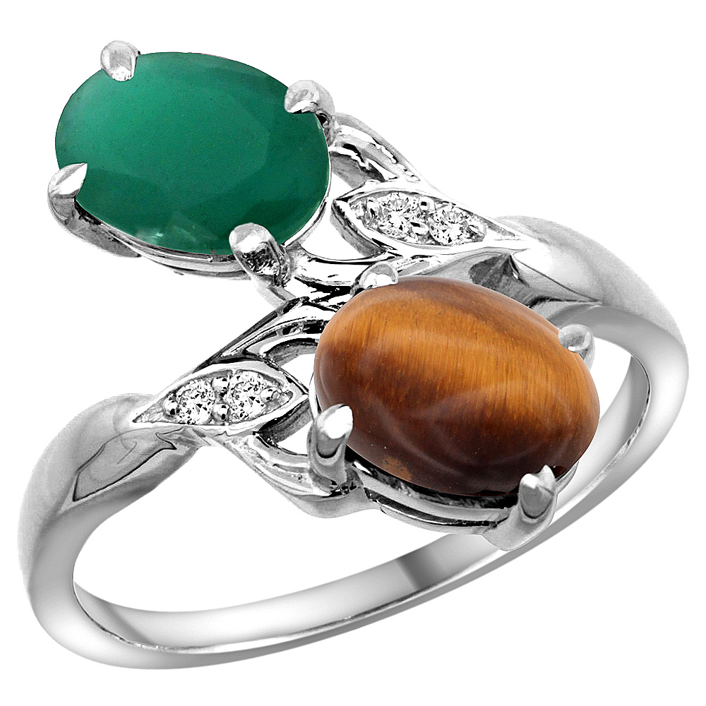 14k White Gold Diamond Natural Quality Emerald & Tiger Eye 2-stone Mothers Ring Oval 8x6mm, size 5 - 10