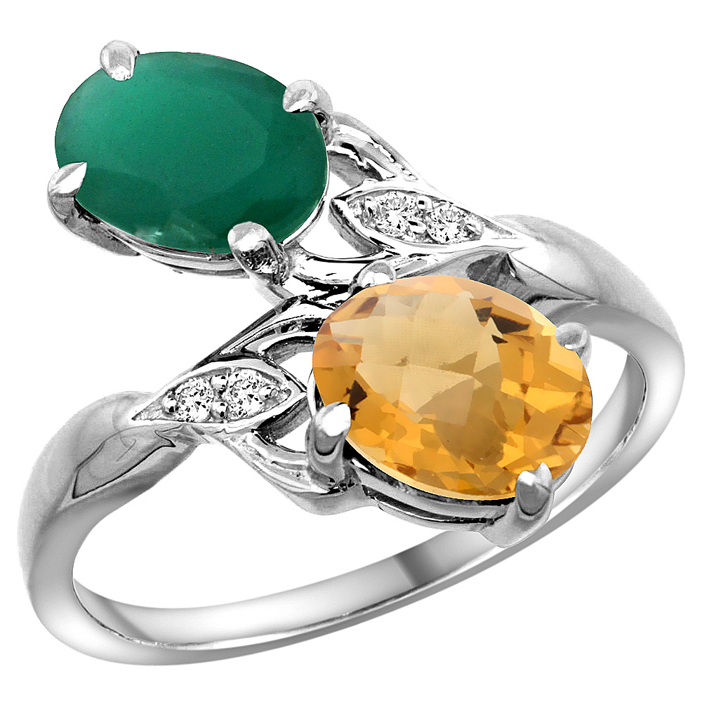 14k White Gold Diamond Natural Quality Emerald &amp; Whisky Quartz 2-stone Mothers Ring Oval 8x6mm, sz 5 - 10