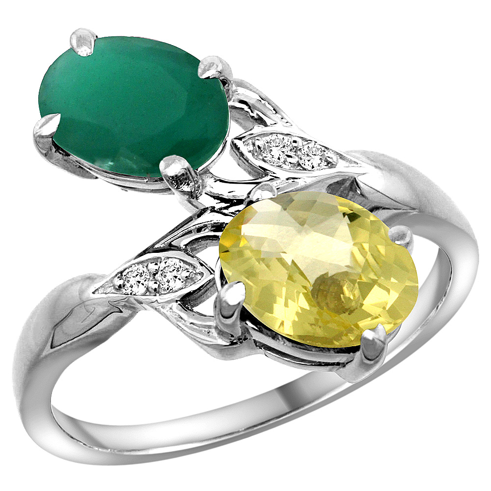 10K White Gold Diamond Natural Quality Emerald & Lemon Quartz 2-stone Mothers Ring Oval 8x6mm, size 5-10