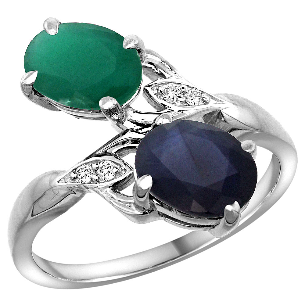 14K WHITE GOLD DIAMOND NATURAL QUALITY EMERALD & AUSTRALIAN SAPPHIRE 2-STONE RING OVAL 8X6MM, SIZE 5 - 10