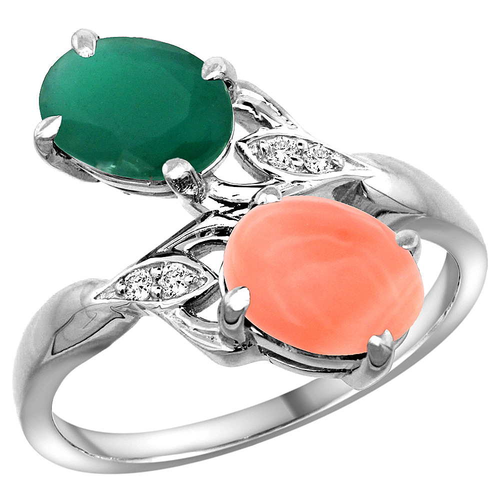 14K WHITE GOLD DIAMOND NATURAL QUALITY EMERALD & CORAL 2-STONE MOTHERS RING OVAL 8X6MM, SIZE 5 - 10