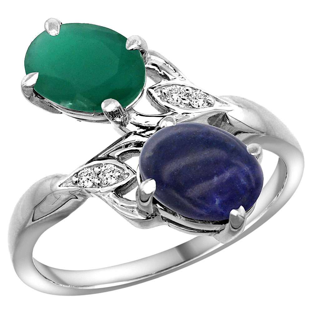 10K White Gold Diamond Natural Quality Emerald &amp; Lapis Lazuli 2-stone Mothers Ring Oval 8x6mm, size 5-10
