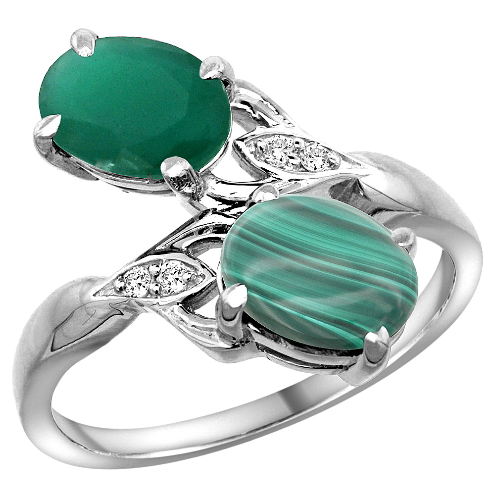 14k White Gold Diamond Natural Quality Emerald &amp; Malachite 2-stone Mothers Ring Oval 8x6mm, size 5 - 10