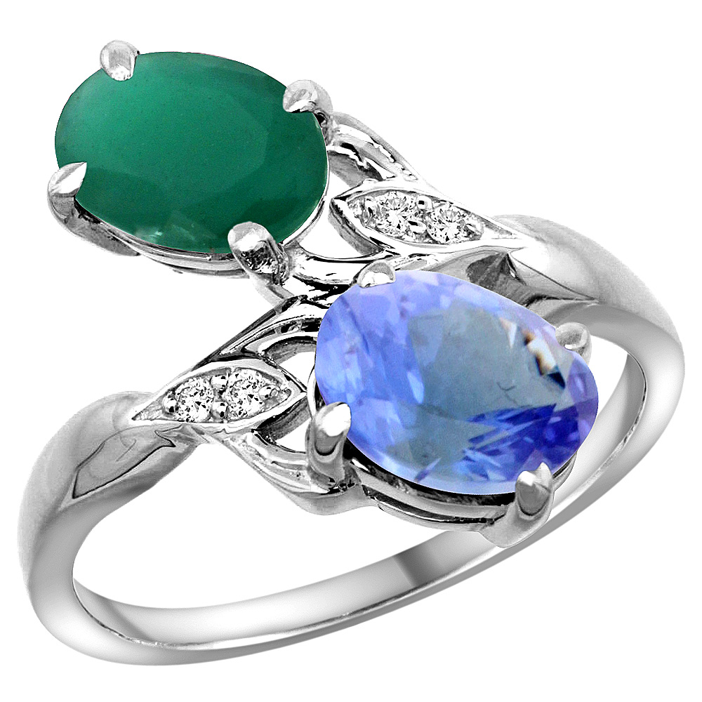 14k White Gold Diamond Natural Quality Emerald & Tanzanite 2-stone Mothers Ring Oval 8x6mm, size 5 - 10