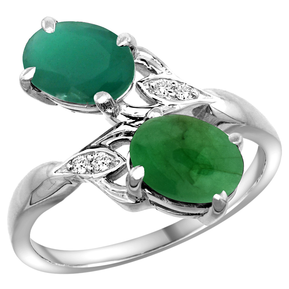 10K White Gold Diamond Natural Quality Emerald &amp; Cabochon Emerald 2-stone Mothers Ring Oval 8x6mm,sz 5-10