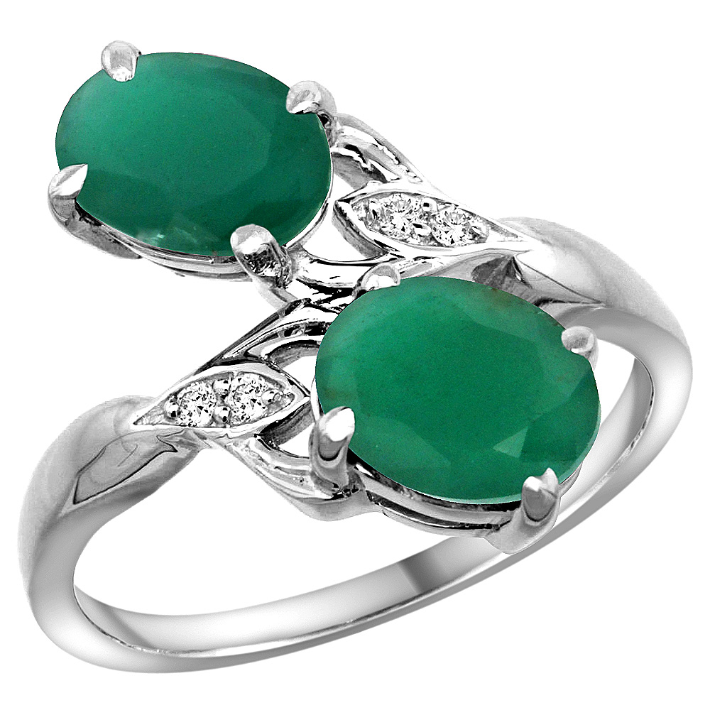 14k White Gold Diamond Natural Quality Emerald 2-stone Mothers Ring Oval 8x6mm, size 5 - 10