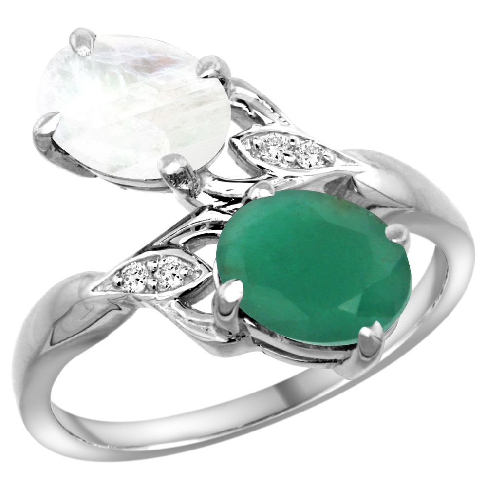 10K White Gold Diamond Natural Quality Emerald&amp;Rainbow Moonstone 2-stone Mothers Ring Oval 8x6mm,sz5 - 10