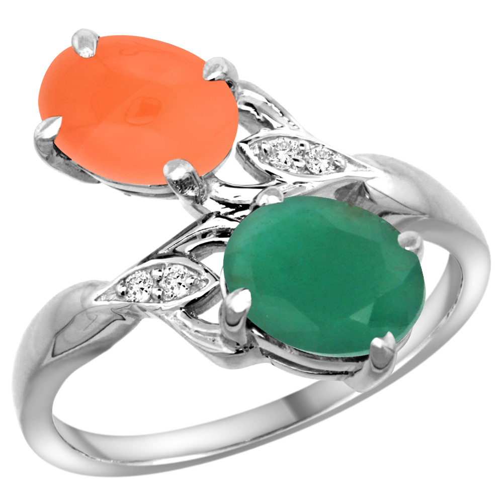 14k White Gold Diamond Natural Quality Emerald & Orange Moonstone 2-stone Mothers Ring Oval 8x6mm,sz5-10