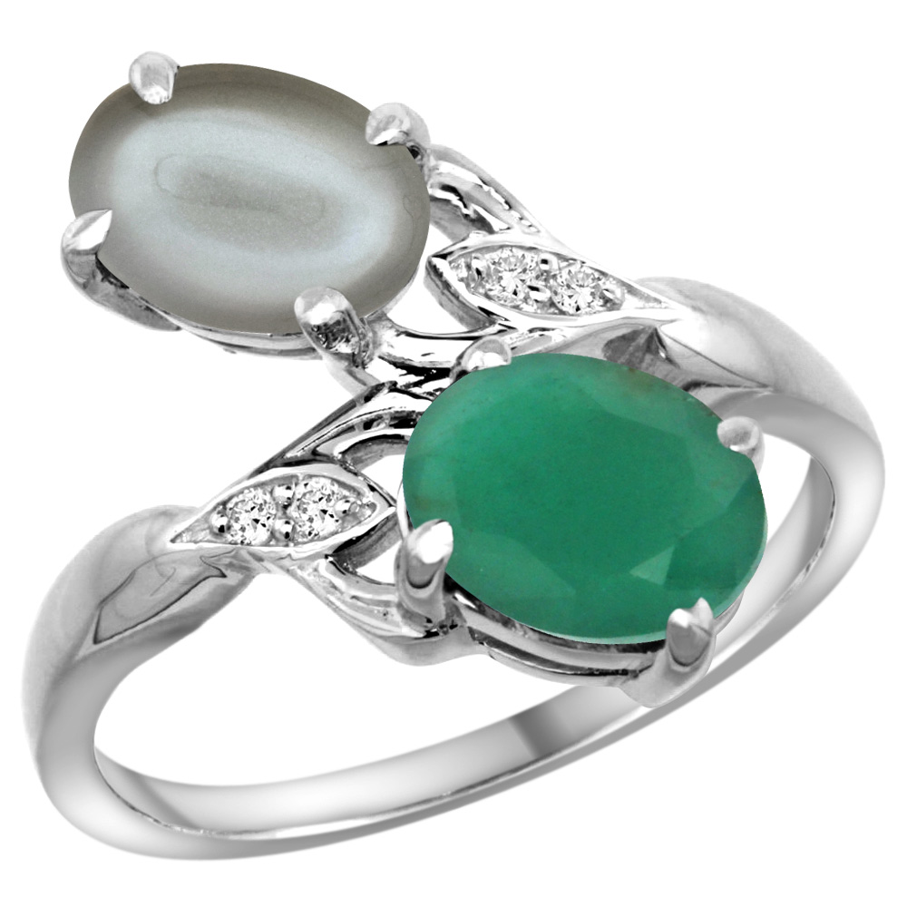 14K WHITE GOLD DIAMOND NATURAL QUALITY EMERALD & GRAY MOONSTONE 2-STONE MOTHERS RING OVAL 8X6MM,SZ5 - 10
