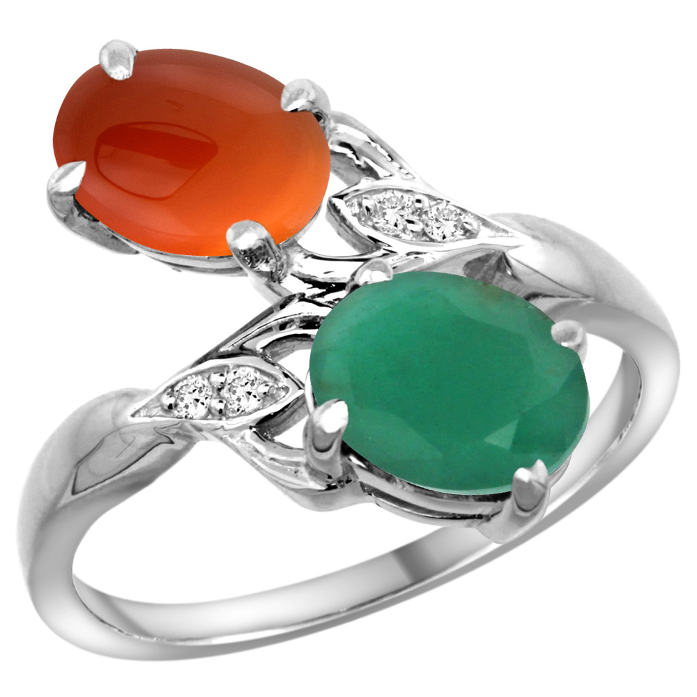 10K White Gold Diamond Natural Quality Emerald &amp; Brown Agate 2-stone Mothers Ring Oval 8x6mm, size 5 - 10