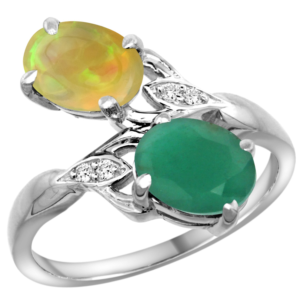 14K WHITE GOLD DIAMOND NATURAL QUALITY EMERALD & ETHIOPIAN OPAL 2-STONE MOTHERS RING OVAL 8X6MM,SIZE5-10