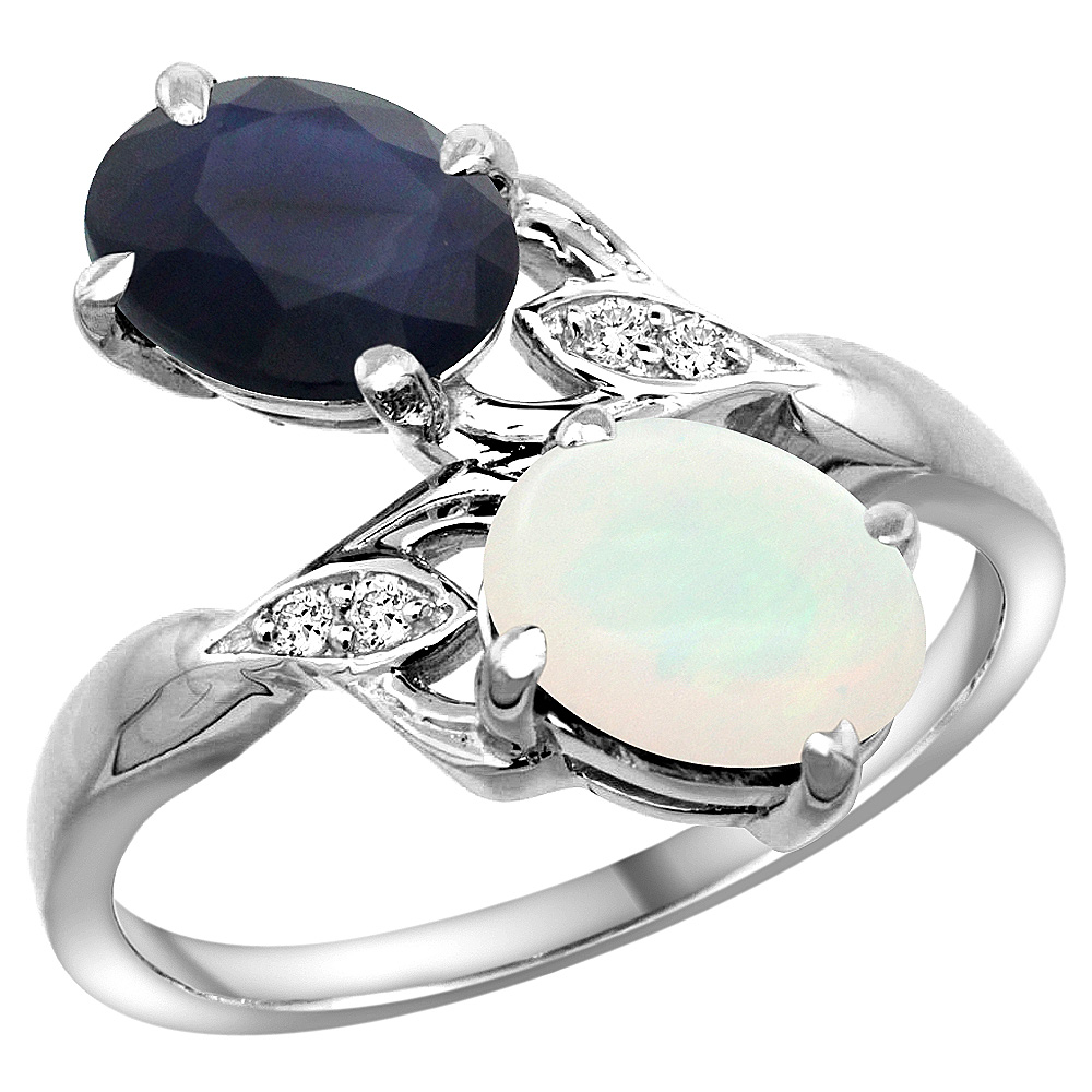 14K WHITE GOLD DIAMOND NATURAL QUALITY BLUE SAPPHIRE & OPAL 2-STONE MOTHERS RING OVAL 8X6MM, SIZE 5 - 10