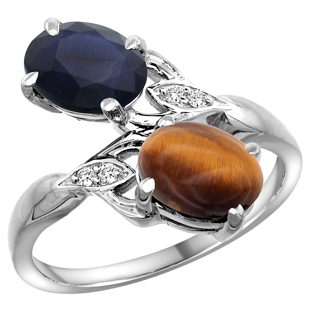 14K WHITE GOLD DIAMOND NATURAL QUALITY BLUE SAPPHIRE & TIGER EYE 2-STONE MOTHERS RING OVAL 8X6MM,SZ5 - 10