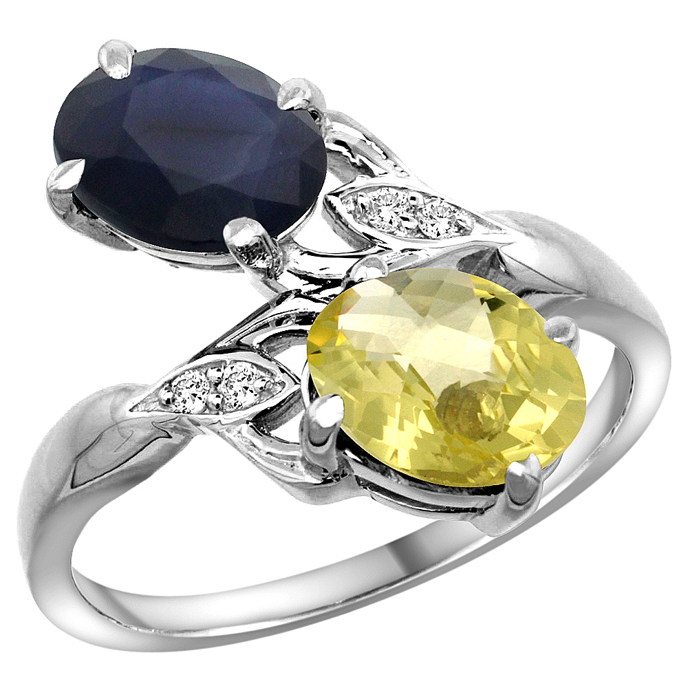 14k White Gold Diamond Natural Quality Blue Sapphire & Lemon Quartz 2-stone Ring Oval 8x6mm, size 5 - 10