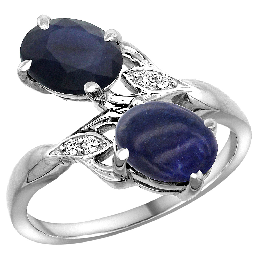 14k White Gold Diamond Natural Quality Blue Sapphire &amp; Lapis 2-stone Mothers Ring Oval 8x6mm, size 5 - 10