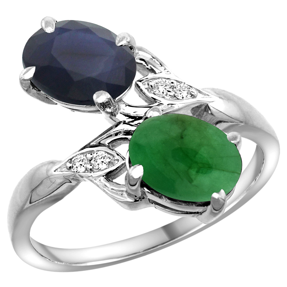 14k White Gold Diamond Natural Quality Blue Sapphire &amp; Cabochon Emerald 2-stone Ring Oval 8x6mm,size5-10