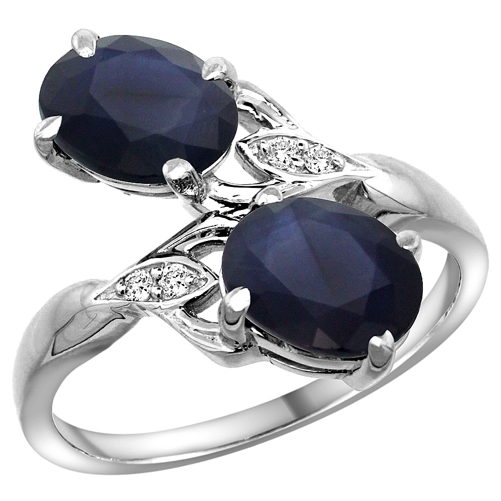 14k White Gold Diamond Natural Quality Blue Sapphire 2-stone Mothers Ring Oval 8x6mm, size 5 - 10