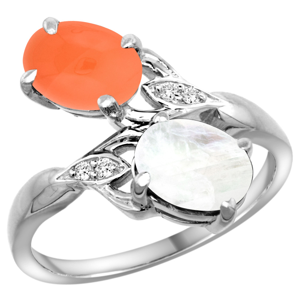 14K WHITE GOLD DIAMOND NATURAL RAINBOW& ORANGE MOONSTONES 2-STONE RING OVAL 8X6MM, SIZES 5 - 10