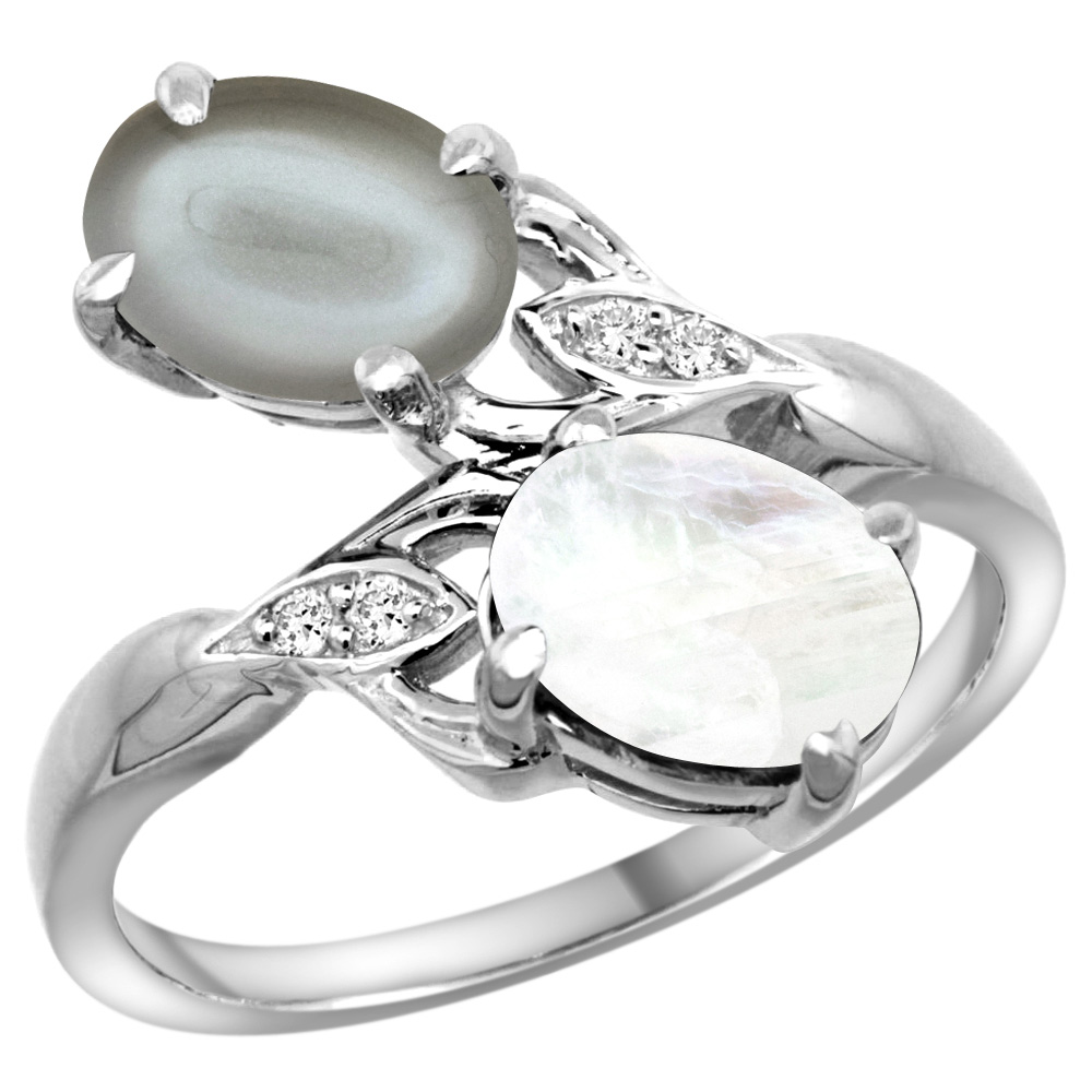 14K WHITE GOLD DIAMOND NATURAL RAINBOW & GRAY MOONSTONES 2-STONE RING OVAL 8X6MM, SIZES 5 - 10