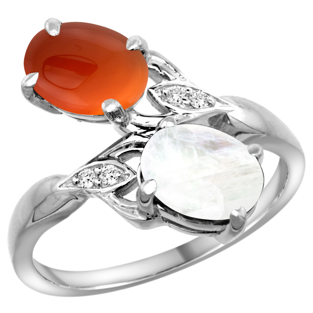 14K WHITE GOLD DIAMOND NATURAL RAINBOW MOONSTONE & BROWN AGATE 2-STONE RING OVAL 8X6MM, SIZES 5 - 10