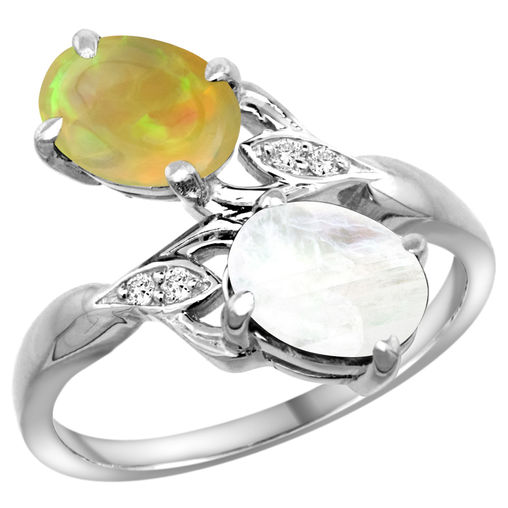 14k White Gold Diamond Natural Rainbow Moonstone &amp; Ethiopian Opal 2-stone Mothers Ring Oval8x6mm,sz5 - 10