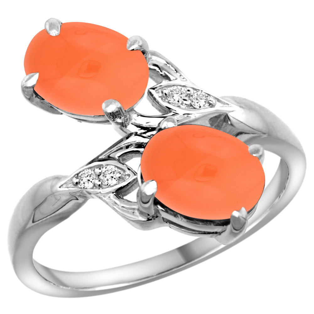 14K WHITE GOLD DIAMOND NATURAL ORANGE MOONSTONE 2-STONE RING OVAL 8X6MM, SIZES 5 - 10