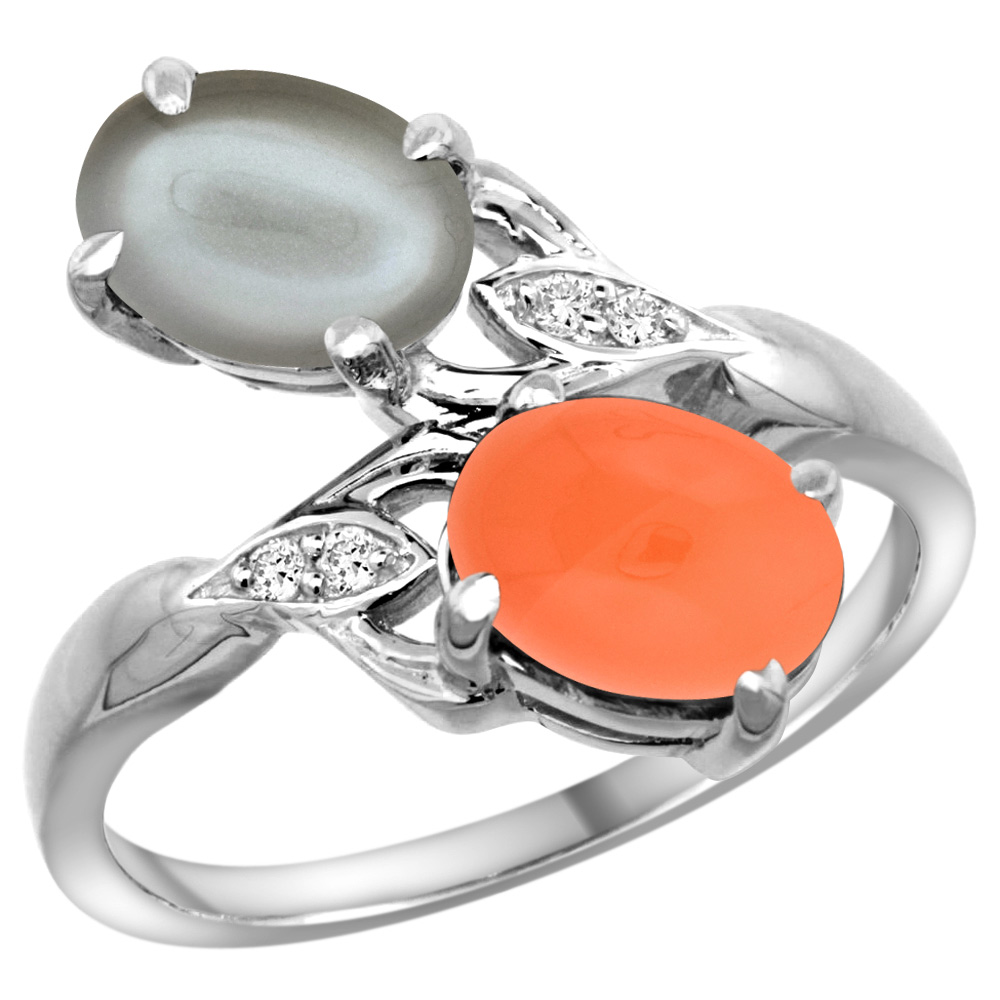 14k White Gold Diamond Natural Orange &amp; Gray Moonstones 2-stone Ring Oval 8x6mm, sizes 5 - 10